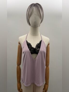 Missguided Satin Halter Top Women’s XS Pink Open Back Deep V Lace